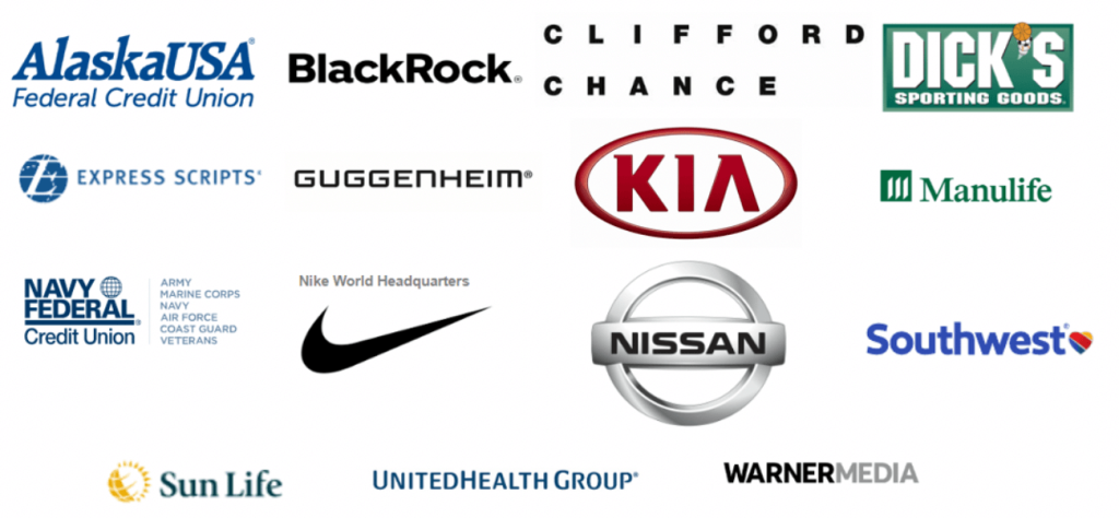 Logos (Alaska USA, BlackRock, Clifford Chase, Dick's Sporting Goods, Express Scripts, Guggenheim, Kia, Manlike, Navy Federal, Nike, Nissan, Southwest, Sun Life, United Health Group, Warner Media)