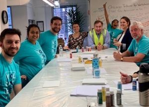 Happy people sitting around a table