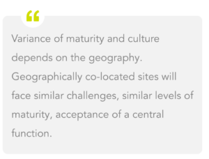 Variance of maturity and culture depends on the geography. Geographically co-located sites will face similar challenges, similar levels of maturity, acceptance of a central function.