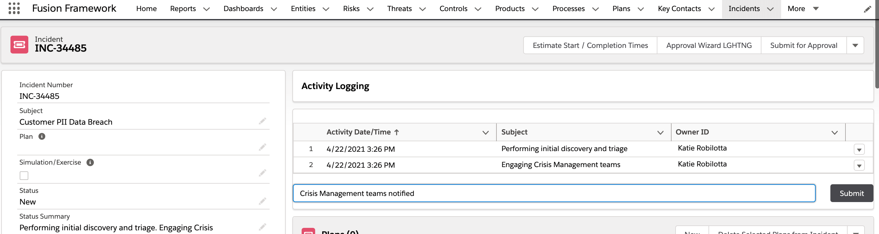 Screenshot of activity logging