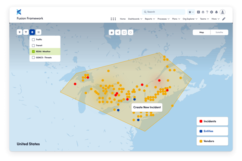 Dashboard map supporting a disaster recovery plan for IT, showing incidents, entities, and vendors across the United States with weather and threat overlays