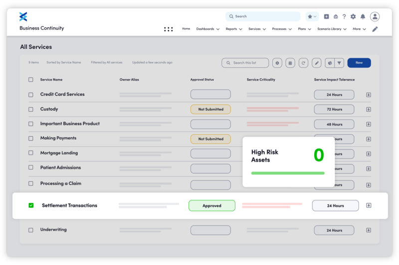 A business continuity management dashboard, displaying a table of 'All Services' vital to a business continuity plan.
