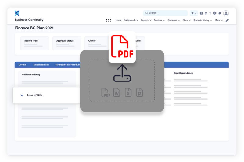A dashboard of a business continuity software showing a pop-up window for uploading a PDF document.