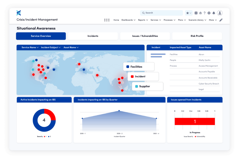 A crisis management dashboard showing a world map with incident locations and charts for incident trends.