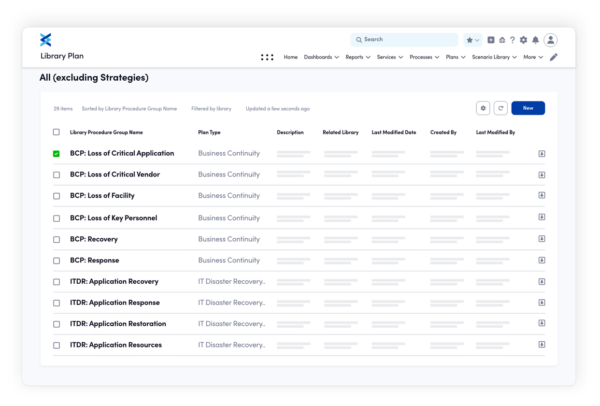 Dashboard library view for IT disaster recovery solutions showing business continuity and IT disaster recovery plans for applications, vendors, facilities, and key personnel