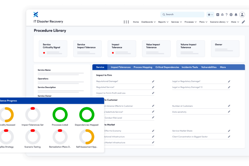 Dashboard for an IT disaster recovery strategy showing a procedure library with service details, impact tolerances, owners, and compliance progress indicators