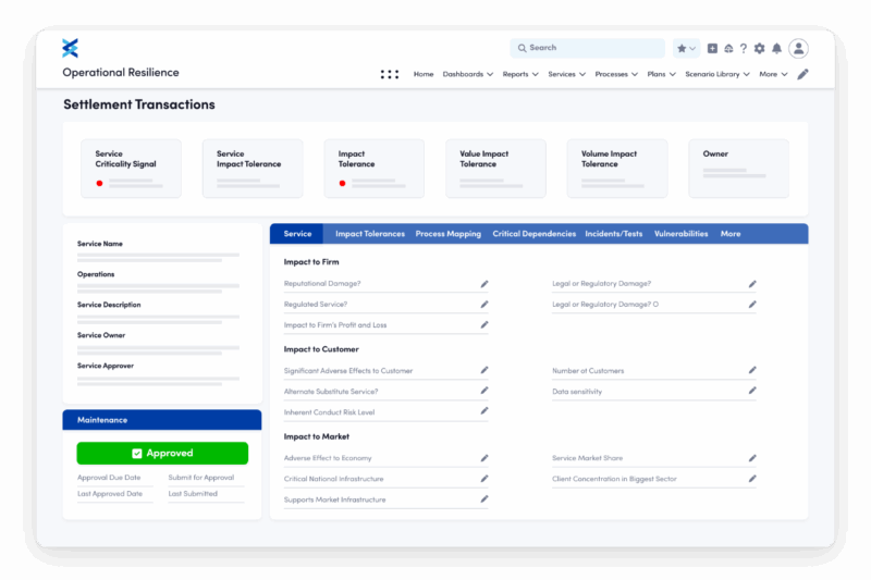 A screenshot of the operational resilience dashboard detailing impact on the firm, customers, and the market