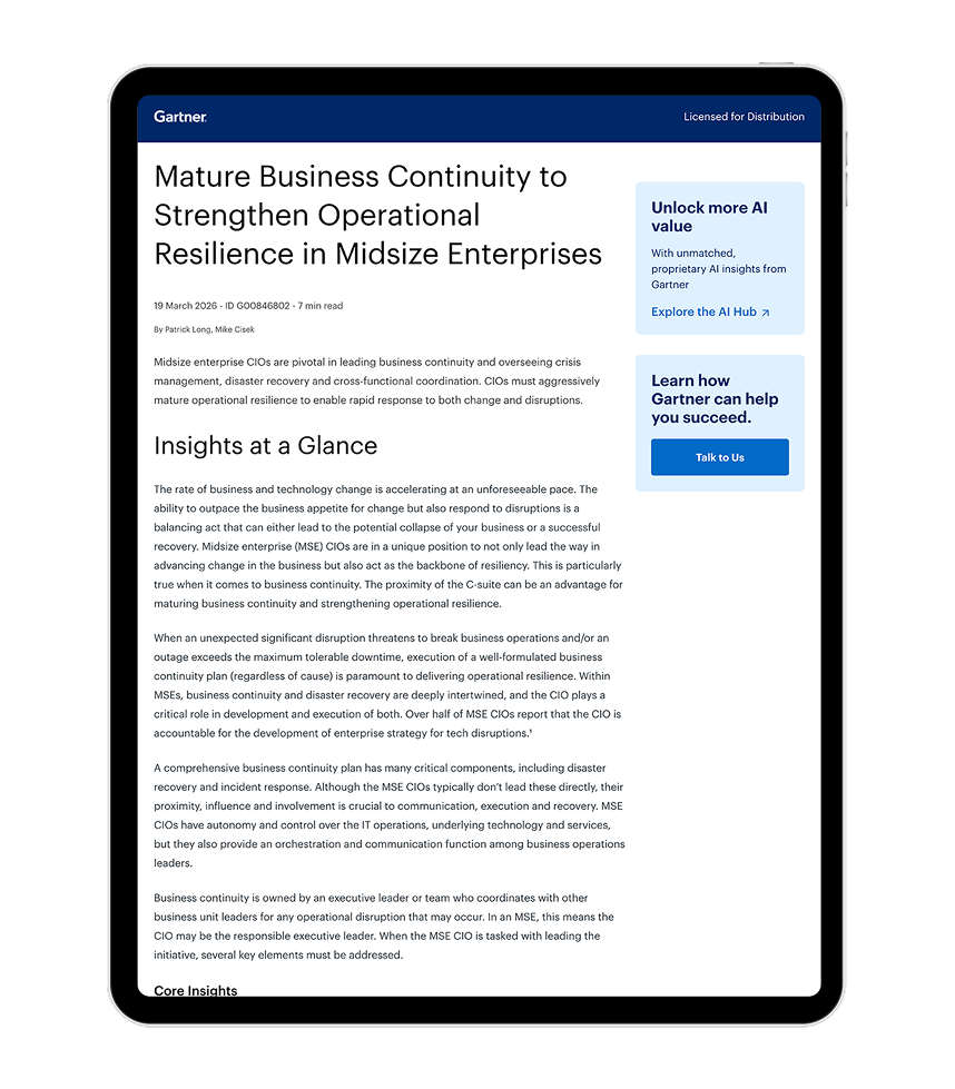 Whitepaper cover image for Gartner® Report: Mature Business Continuity to Strengthen Operational Resilience